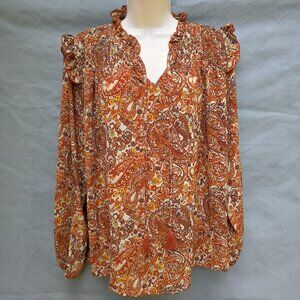 Grand & Greene Paisley Brown Thanksgiving Shirt Ruffle Sleeves Size M